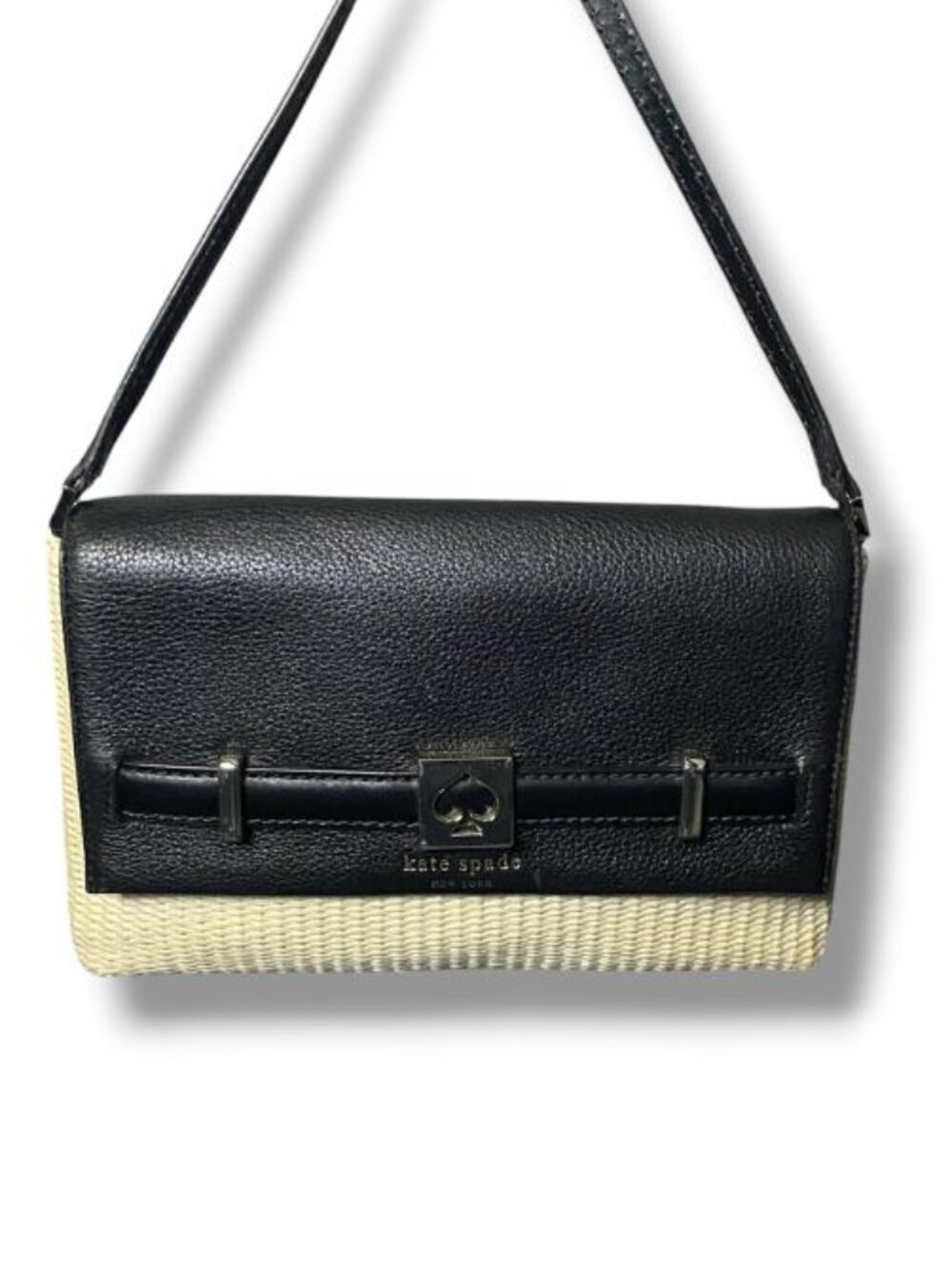 KATE SPADE Houston Street Loula Crossbody Natural Straw Black Leather WKRU3179